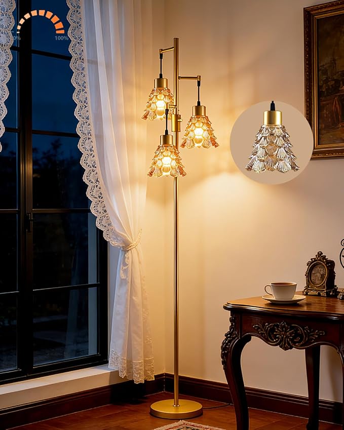 3-Light Modern Glass Floor Lamp, Gold Standing Tall Lamp with Amber Pinecone Glass Shade for Reading, Dimmable LED Floor Lamp with 5Lbs Heavy Base for Living Room Bedroom Home Decor, Bulb Included