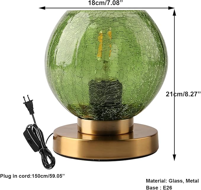 Mid Century Modern Table Lamp with Crackled Glass Shade - Green Glass, Gold Finish - Desk & Nightstand Lamp - Small, Perfect for Bedside, Living Room, Office