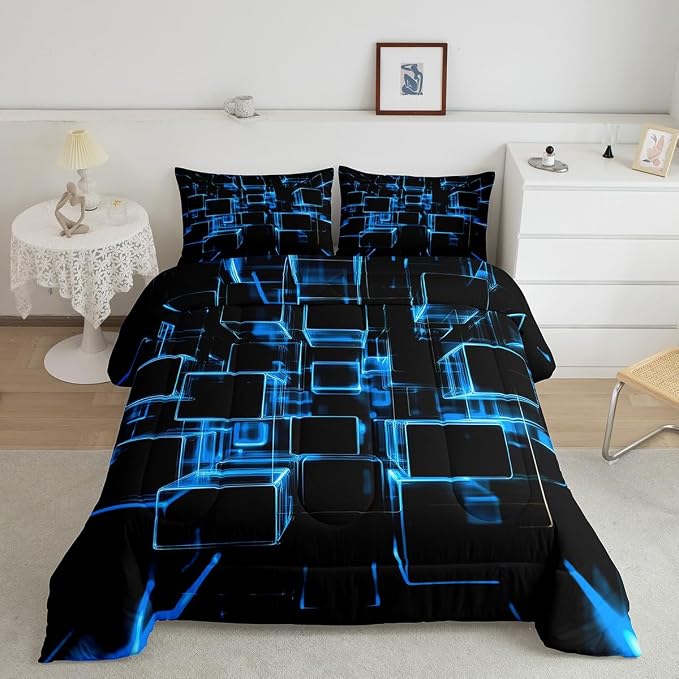 Erosebridal Blue and Black Kids Comforter Set, Modern Geometric Square Bedding for Boys Girls Gradient Neon Light Honeycomb Duvet Insert Abstract Bed Set King 3 Pieces