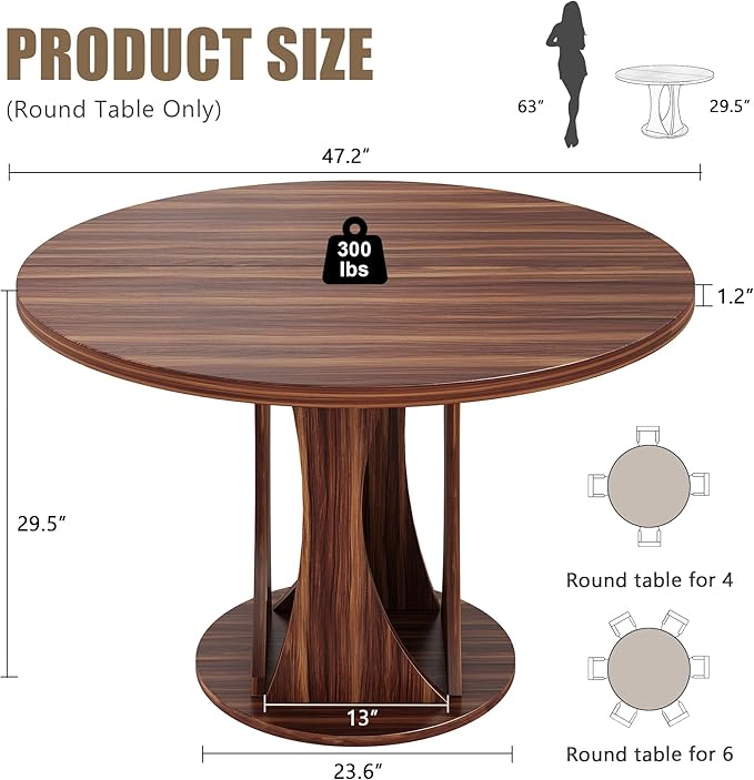 Einhomn Round Dining Table for 4-6, Kitchen Table with Sturdy Double Arc & Rounded Base & Backboard Clasp Desktop, Mid-Century Modern Circle Dinner Table for Dining Living Room, Space Saving, Walnut