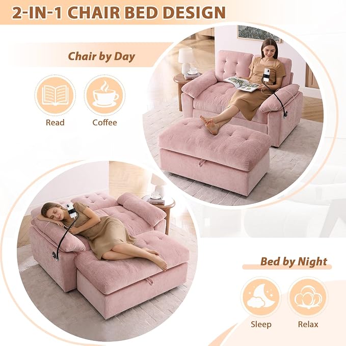 Oversized Chaise Lounge Chair Indoor, Double Convertible Recliner Reading Arm Sofa Chair W/Adjustable Backrest & Charging Port Couch Bed for Living Room, Home Theater & Bedroom, Pink