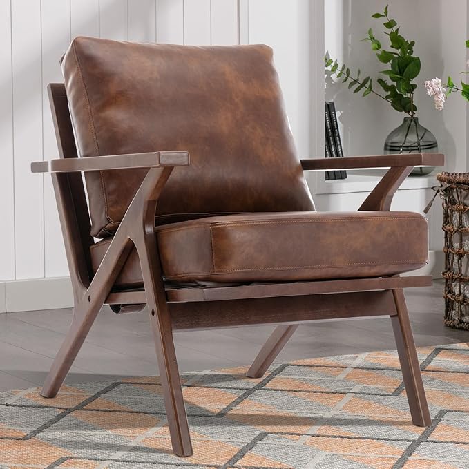 INZOY Mid-Century Modern Accent Chair with Wood Frame, PU Leather Living Room Chair and Soft Thick Padded Armchair for Living Room Bedroom Reception with Removable Upholstered Cushions, Reddish Brown