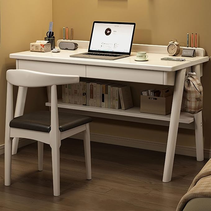 Mid-Century Modern Wood Desk,Computer Desks with Drawers and Storage Shelf,Study Work Writing Table,Modern Industrial Home Office Desks for Writing,Executive,Study,Work(White,47in(120cm))
