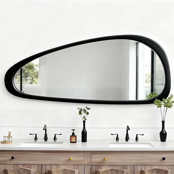 Asymmetrical Mirror, 48"x22" Irregular Mirror Full Length, Wood Wall Mirror for Bathroom Bedroom Living Room Entryway Hallway, Mid Century Modern Decor (Black)