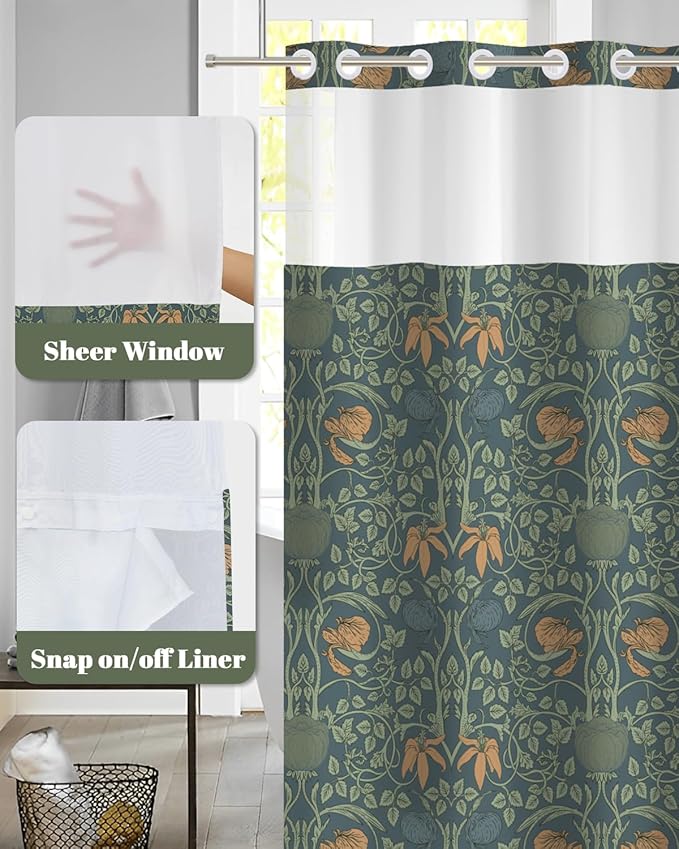 No Hook Shower Curtain with Snap in Liner - Vintage Dark Green Botanical Floral Print, Hookless Bath Curtain with Mesh Top for Dark Academia & Moody Victorian Bathroom Decor, 71W x 74H