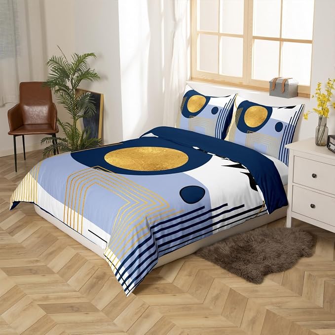 Erosebridal Boho Mid Century Twin Comforter Cover Blue Neutral Modern Duvet Cover Geometric Abstract Bed Set Minimalist Aesthetic Bedding Set