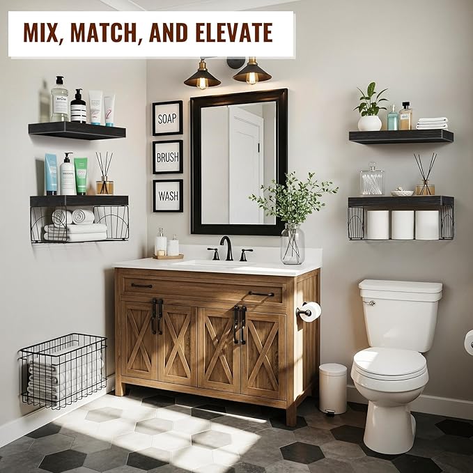 4 Pack Wall Mounted Rustic Wood Floating Shelves with 2 iron Hanging Baskets, Bathroom Shelves Over Toilet, Toilet Paper Storage, Farmhouse Decor Hanging Shelf for Living Room, Kitchen, 16 inch, Black