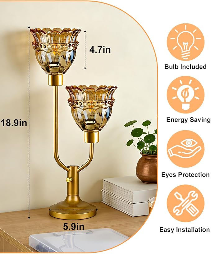 Lightdot Vintage Table Lamp for Living Room Dimmable Mid Century Modern Gold Desk Lamp Amber Glass Nightstand Lamp 2 Bulbs Included Warmwhite Ambient Bedside Lamps for Bedroom Home Office Decor Gift