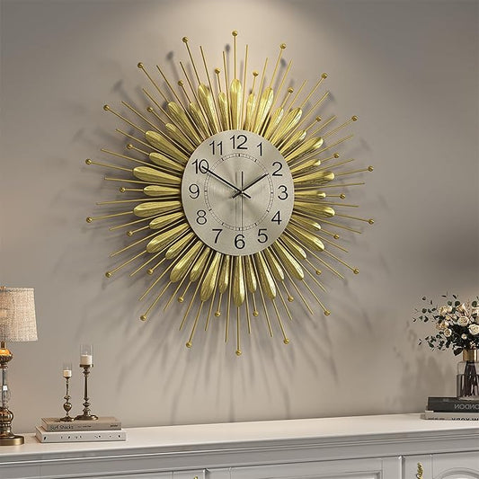Cuspin 24 Inch Gold Wall Clock, Large Mid Century Modern Clock Sunburst Decorative Design, Silent Non Ticking Battery Operated Metal Wall Clock for Living Room, Bedroom, Kitchen, Office