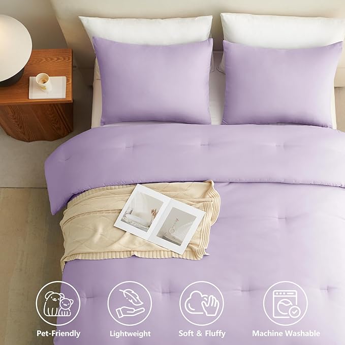 CozyLux Full Size Comforter Set Lavender, 3 Pieces Lightweight Down Alternative Quilted Bedding Sets, Light Purple All Season Soft Breathable Solid Comforter with 2 Pillowcases, Bed Set Gift for Home