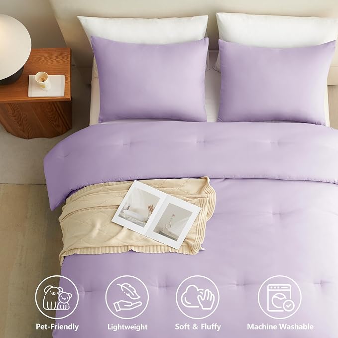CozyLux Queen Comforter Set Lavender, 3 Pieces Lightweight Comforters Queen Size Bedding Sets, Light Purple All Season Solid Down Alternative Comforter with 2 Pillowcases, Soft Bed Set Gift for Home