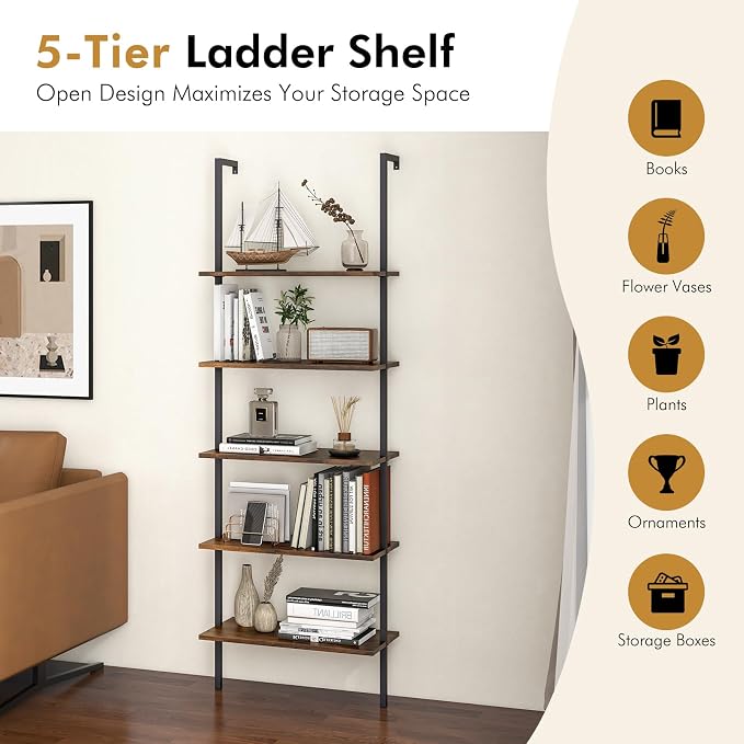Giantex 5 Tier Wall Mounted Bookshelf Set of 2, 71'' Modern Wood Bookcase with Steel Frame, Stand Display Storage Rack Organizer Ladder Shelf for Living Room, Kitchen, Rustic Brown
