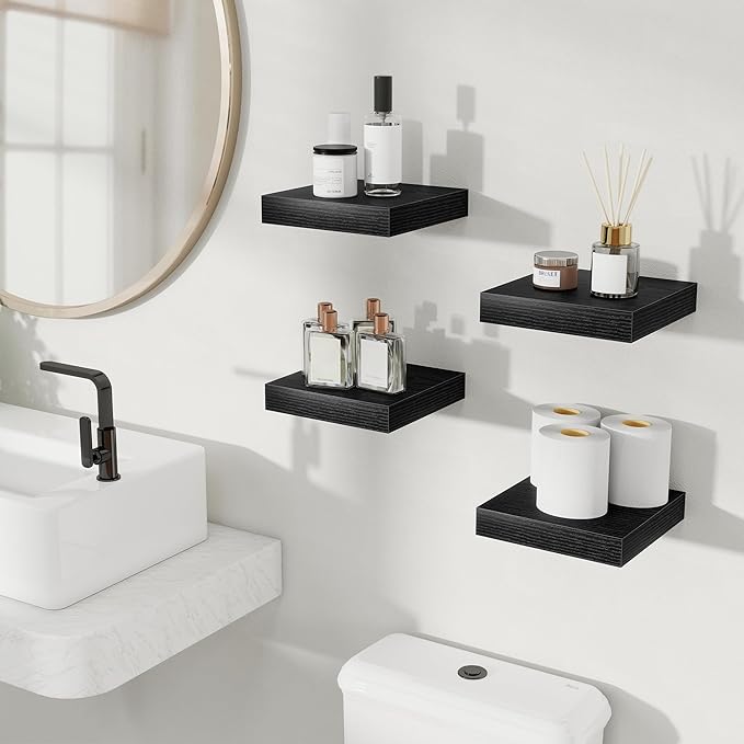 Fun Memories Floating Shelves for Wall, Rustic Wood Wall Mounted Shelves for Bathroom, Bedroom, Living Room & Kitchen, Storage Display Shelves, (Set of 4, Black, 8 in)