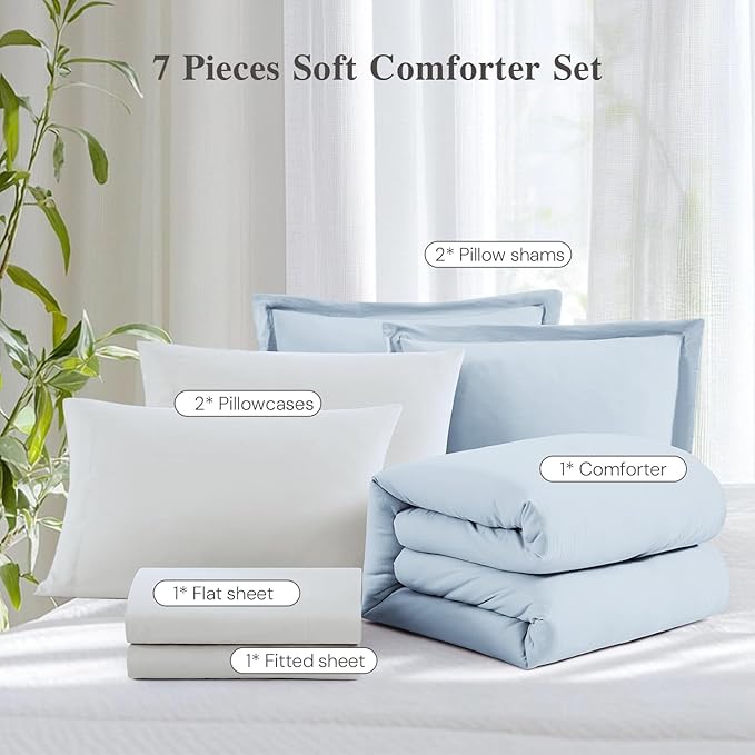 WRENSONGE Queen Comforter Set - 7 Pieces Ice Blue Soft Bed in a Bag Queen with Fitted Sheet, Flat Sheet, 2 Pillow Shams, and 2 Pillowcases- Warm Bedding Sets for All Season