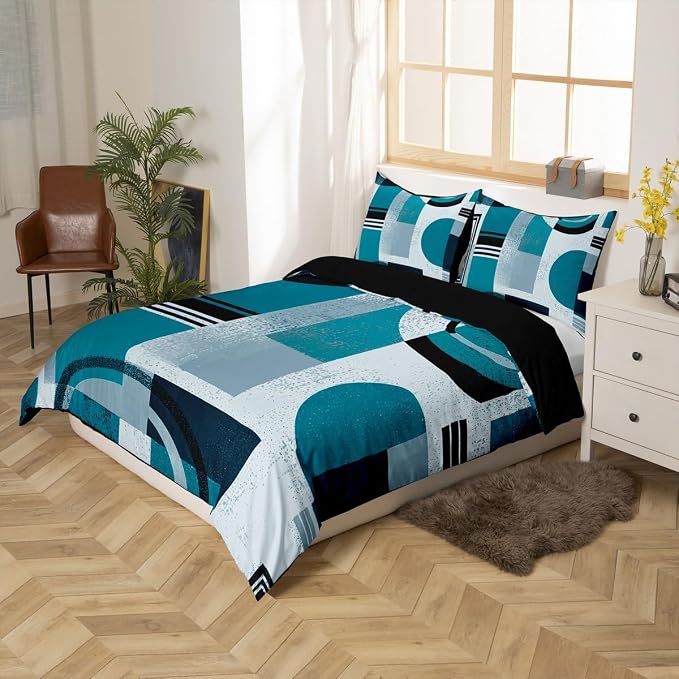 Abstract Striped Circle Duvet Cover Set Twin Size,Minimalist Aesthetic Geometric Bedding Set,Boys Girls Room Decor,Graffiti Retro Squares Comforter Cover,Teal Quilt Cover,1 Pillowcase(No Filler)