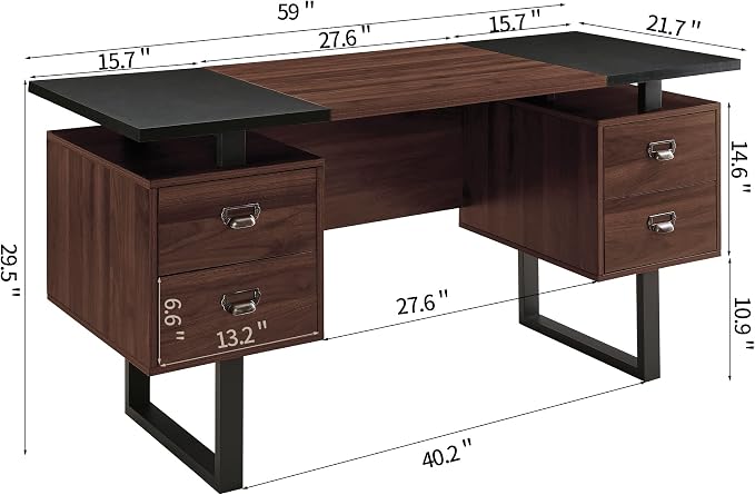 Computer Desk for Home Office with 4 Large Drawers, Rustic Wood Writing Study Table with Metal Frame, 59” x 21.7” x 29.5”, Easy Assembly, Brown and Black CTSZ20401WACM