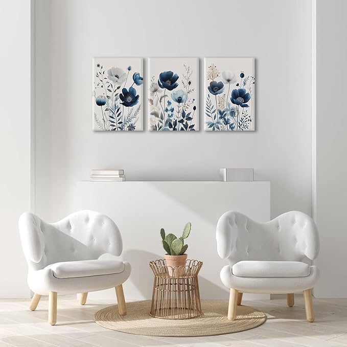 BingruiArt Navy Blue Canvas Wall Art Blue and Gray Boho Flower Wall Decor Floral Watercolor Art Prints Pictures Painting for Living Room Bedroom Bathroom 3Pcs 12x16in Framed