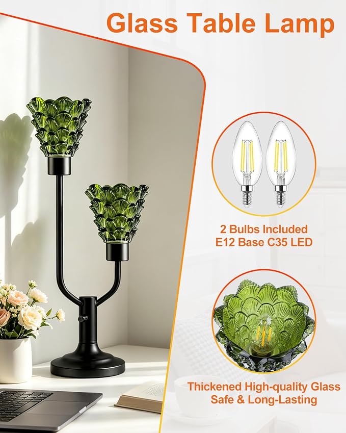 Lightdot Green Glass Table Lamp for Living Room Dimmable Mid Century Modern Vintage Desk Lamp Black Nightstand Lamp 2 Bulbs Included Warmwhite Ambient Bedside Lamp for Bedroom Home Office Decor Gift