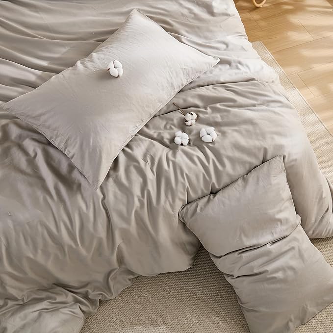 100% Washed Cotton Duvet Cover Queen Size – Light Grey, Linen-Like Texture, Super Soft & Breathable Bedding Set, 3-Piece Durable Percale Comforter Cover
