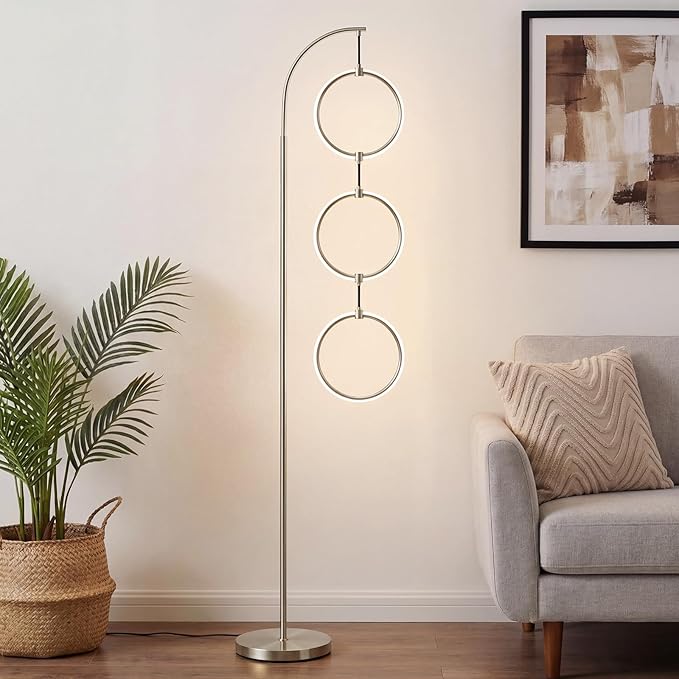 Bairth Silver 3-Light LED Floor Lamp, Modern Arc Floor Lamp for Living Room, Industrial Stepless Dimmable & 3-Way Dimmable Tall Arch Standing Floor Lamp for Reading, Bedroom, Office, Brushed Nickel
