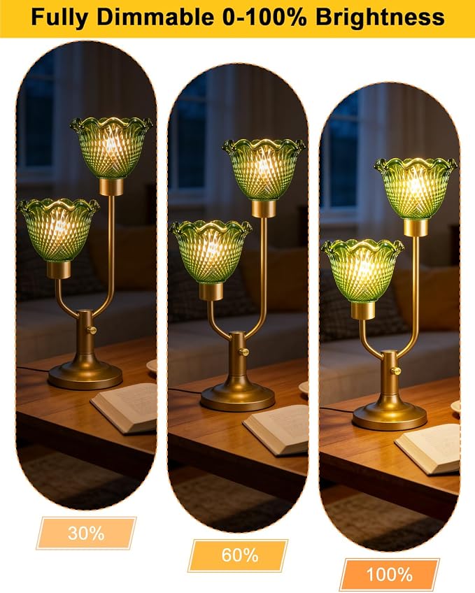 Lightdot Vintage Green Glass Table Lamp for Living Room Dimmable Mid Century Modern Desk Lamp Gold Flower Nightstand Lamp 2 Bulbs Included Warmwhite Ambient Bedside Lamps for Bedroom Home Office Decor