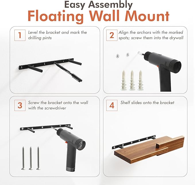 GRID FORTE Wood Floating Shelf Set of 2, 4.5D x 15W Inch Modern Reversible Wall Shelves, Minimalism Wall Mount Hardwood Shelves, Wall Decor for Bedroom Living Room Kitchen (Walnut)