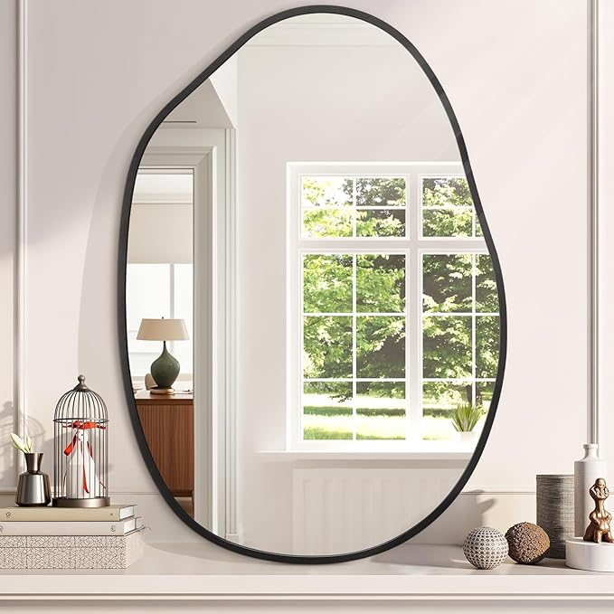 Large Irregular Wall Mirror Black Asymmetrical Bathroom Mirror Modern Decorative 26"x37.5" Aluminum Alloy Frame for Bathroom, Living Room, Entryway, Bedroom
