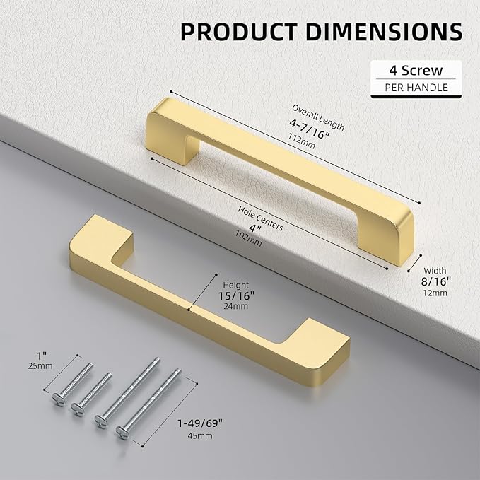 25 Pack 4 Inch Brushed Gold Cabinet Pulls Solid Zinc Alloy Gold Cabinet Handles - Brushed Brass Dresser Drawer Pulls for Kitchen Cabinet Hardware Zinc Alloy Handles