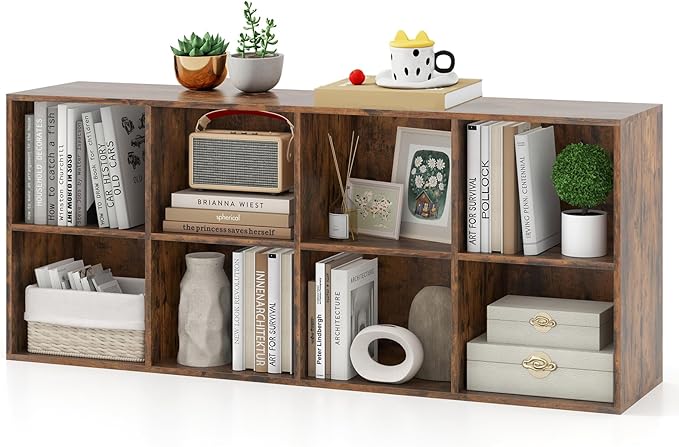 DREAMADE 8 Cube Storage Organizer, 2 Tier Multipurpose Display Shelf w/Open Storage & 2 Anti-Tipping Kits, 8-Cube Wooden Bookcase for Living Room, Bedroom, Study, Home, Office (Brown)