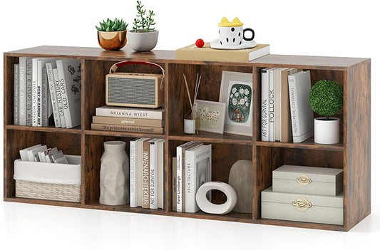 DREAMADE 8 Cube Storage Organizer, 2 Tier Multipurpose Display Shelf w/Open Storage & 2 Anti-Tipping Kits, 8-Cube Wooden Bookcase for Living Room, Bedroom, Study, Home, Office (Brown)