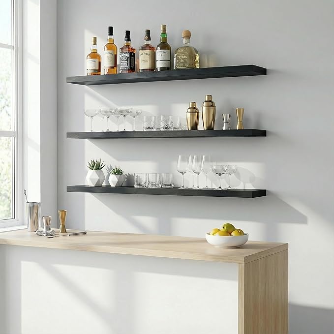 IEO Long Wooden Floating Shelves for Room Wall, Natural Wood Floating Shelves Wall Mounted Kitchen Shelf for Living Room, Bedroom, Kitchen,Bathroom, Storage (Black, 48in 4tier)