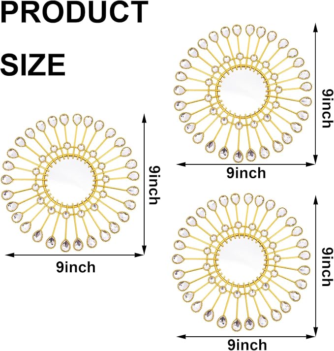 Gold Mirrors - Sunburst Valentine Wall Art, Decorative Round Mirrors for Valentine Bedroom, Living Room, Bathroom, Kitchen, Entryway, Hallway - Set of 3