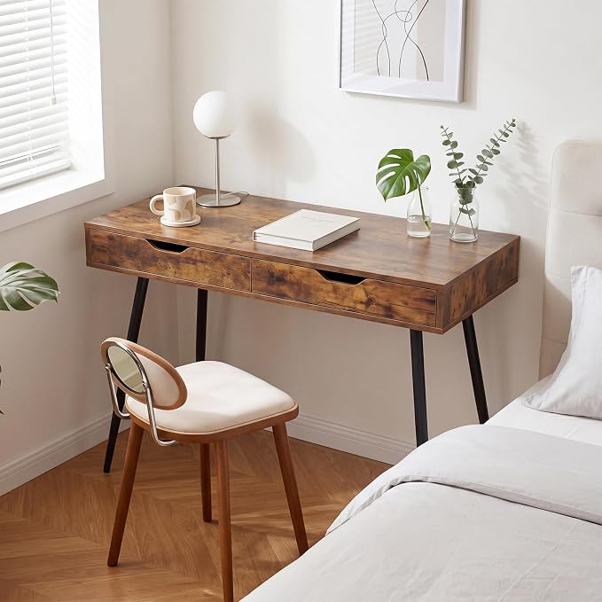 Tangkula Mid Century Desk with 2 Storage Drawers, Modern Writing Study Desk with Rubber Wood Legs, Versatile Home Office Study Desk for Small Space, Vanity Table for Bedroom (Rustic Brown)