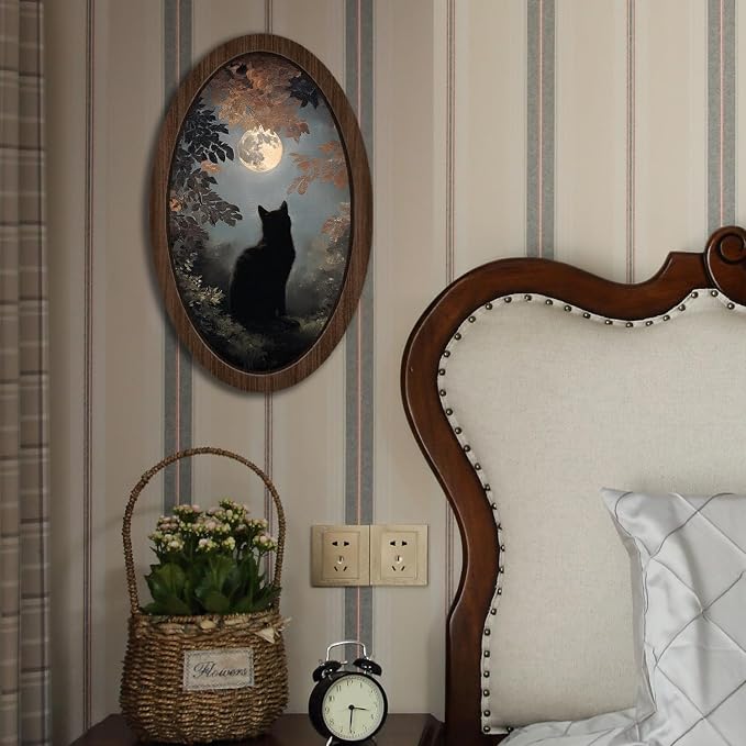 UYIKG Vintage Black Cat Moon Oval Wall Art,Rustic Farmhouse Cottagecore Oval Wall Decor,Farmhouse Country Wooden Framed Decor for Home Bedroom Living Room Reading Room 9x14.6 in
