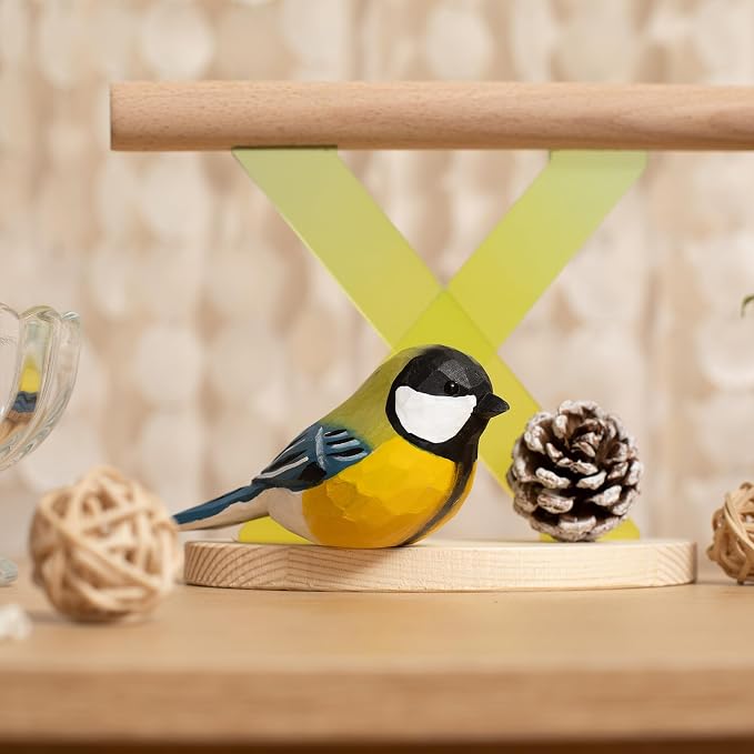 Handcrafted Wooden Eurasian Great Tit Bird Figurine, Hand-Carved Bird Statue, Decorative Bird Sculpture for Home Décor, Collectible Display Accent