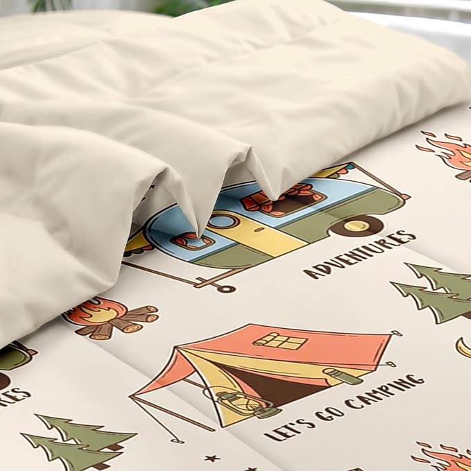 Pamnest Comforter Set Full Size, Summer Camp RV 7 Pcs Bedding for Kids and Adults, Camping Adventure Bed Sheet Sets with Fitted Sheet 2 Pillowcases & 2 Shams for Bedroom Bed Decor