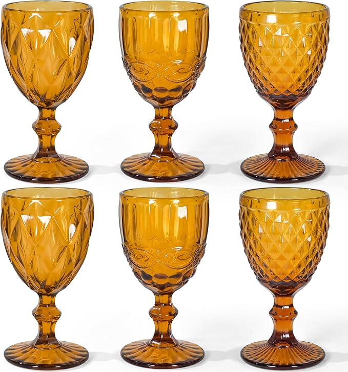 Vintage Wine Glasses Set of 6, 12 OZ Colored Glass Water Goblets, Embossed Floral Decorative Crystal Glass Cups Set, Dishwasher Safe, for Wedding, Party, Red Wine Glass, Bars, Restaurants