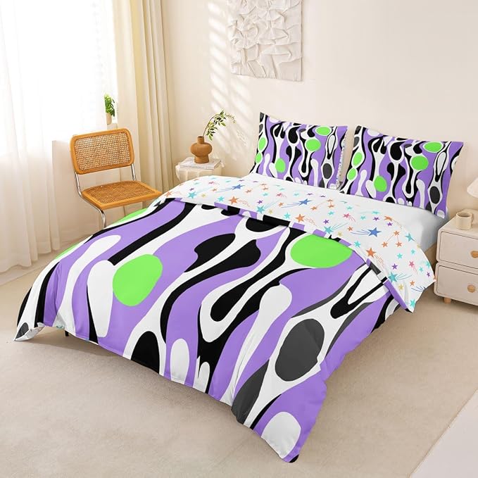 Erosebridal Organic Abstract Duvet Cover Set Modern Contemporary Girl Toddler Bedding Set for Kids Boys Boho Mid Century Wavy Lines Comforter Cover Retro Geometric Bed Sets,Purple Green