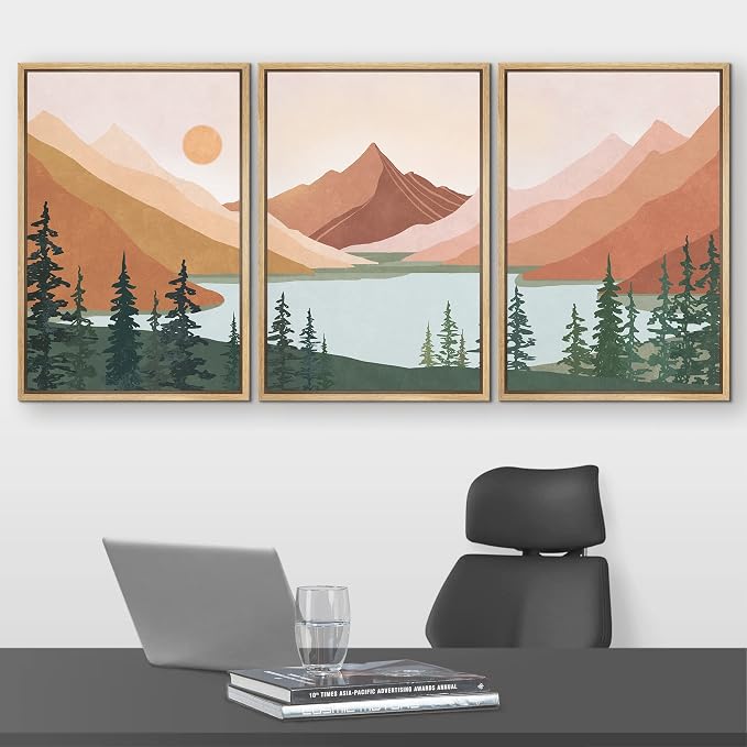 wall26 Framed Canvas Print Wall Art Set Geometric Mountain Forest Lake Abstract Nature Illustrations Modern Art Nordic Decorative Minimal Boho for Living Room, Bedroom, Office - 24"x36"x3 Natural