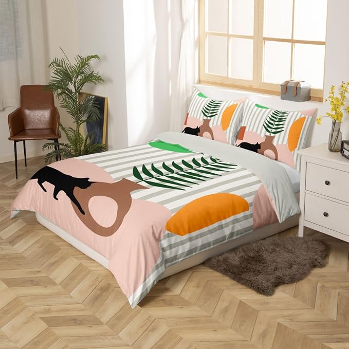 Erosebridal Boho Cat Animals Comforter Cover Full Abstract Mid Century Bedding Set Minimalism Aesthetic Geometric Duvet Cover for Kids Girls Boys Adults Tropical Palm Leaves Bed Set