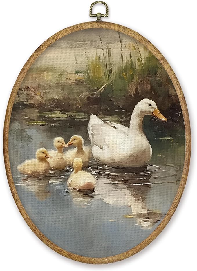 CGBHW Vintage Duck Oval Wall Art Decor, Spring Country Landscape Animal Canvas Prints Framed, Rustic Farmhouse Wall Art Hanging Decor for Home Kitchen Bedroom Living Room Decoration, 8.6x11.4 Inch