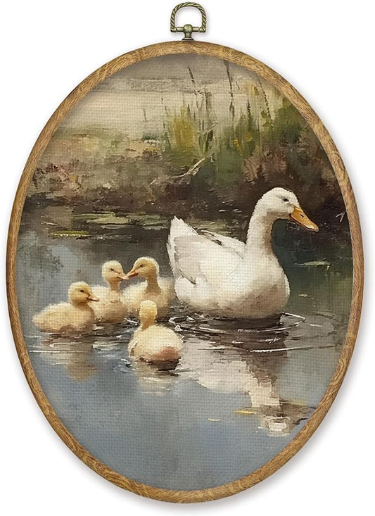 CGBHW Vintage Duck Oval Wall Art Decor, Spring Country Landscape Animal Canvas Prints Framed, Rustic Farmhouse Wall Art Hanging Decor for Home Kitchen Bedroom Living Room Decoration, 8.6x11.4 Inch