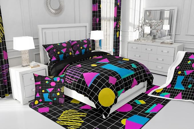 80s Bedding Set Memphis Pattern Old Fashion Comforter Cover,Vintage 90s Memphis Style Duvet Cover Abstract Geometric Pattern Retro Bed Set Full,Rainbow Urban Modern Circles Triangle Room Decor
