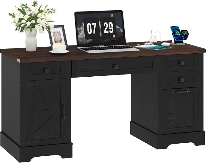 Squireewo 58'' Farmhouse Home Office Desk with Drawers, Wooden Executive Desk with Charging Station, File Drawers and Storage Cabinet, Computer Desk for Work, Study and Writing, Black