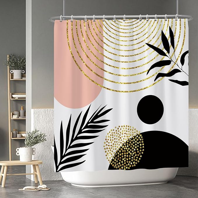 Baocicco Mid Century Shower Curtain Boho Sun Plant Leaves Modern Abstract Gold Geometric Shower Curtains for Bathroom Bathtubs Waterproof Fabric Shower Curtain with Hooks 72x78 Inches
