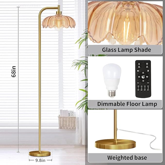 Gold Floor Lamp for Living Room,Bedroom,Mid Century Modern Standing Lamp with Remote,Dimmable Brass Tall Lamp Glass Lamp Vintage Retro Arc Floor Lamps Flower Floor Light Boho Bohemian