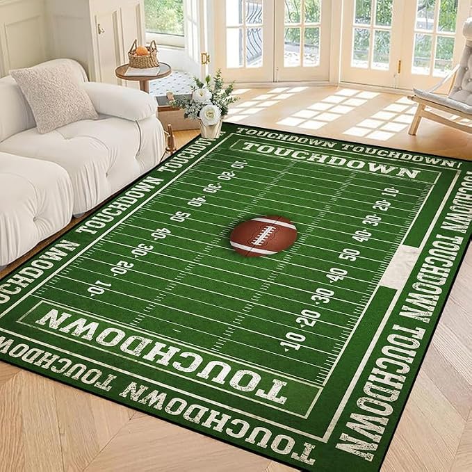 4'x6' Football Field Area Rug Sports Themed Carpet for Nursery Bedroom Playroom Classroom Living Room Home Decor Non Slip Washable Game Room Play Mat