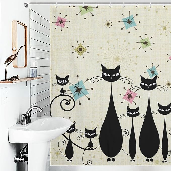 Mid Century Black Cat Shower Curtain,Retro Funny Atomic Cat Modern Abstract Geometric Iconic Pattern Bathroom Curtain Polyester Waterproof Fabric Decor 72x72in（183x183cm）