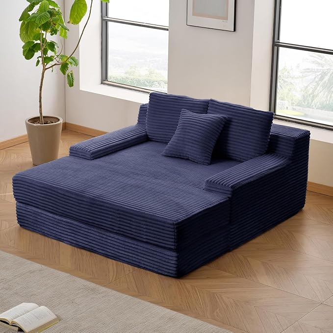 Boneless Chaise Lounge Chair Indoor - 59" Oversized Corduroy Floor Boneless Loveseat Sofa Couch for Living Room, No Assembly Required,Blue