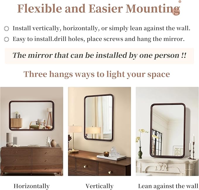 Bathroom Mirror for Wall,Wood Rectangle 24 x 36 inch Hanging Vatiny Tempered Mirrors with Rounded Corner for Living Room,Bedroom,Entryway